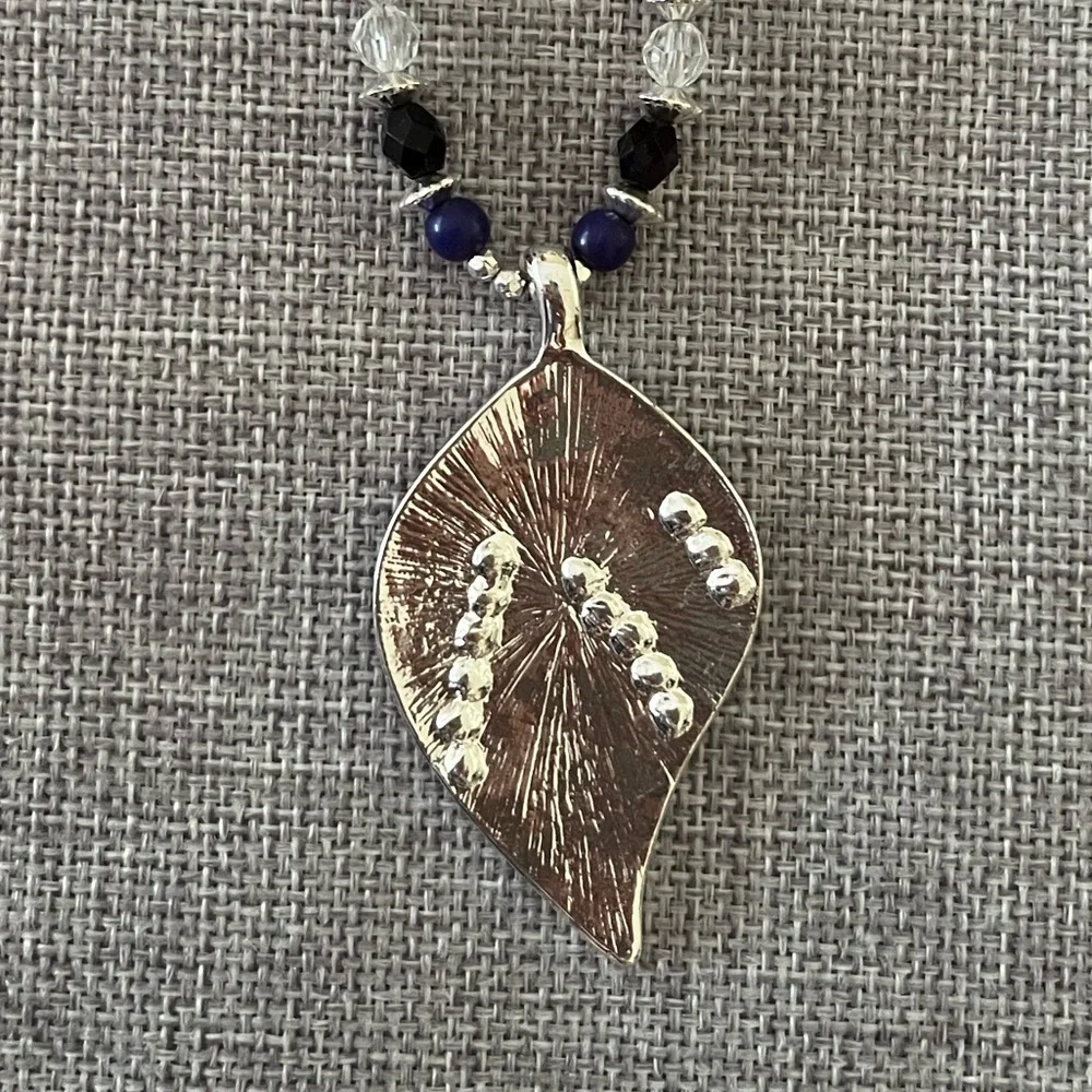 Statement Silver Chain with Blue & Silver Leaf Pendant Necklace